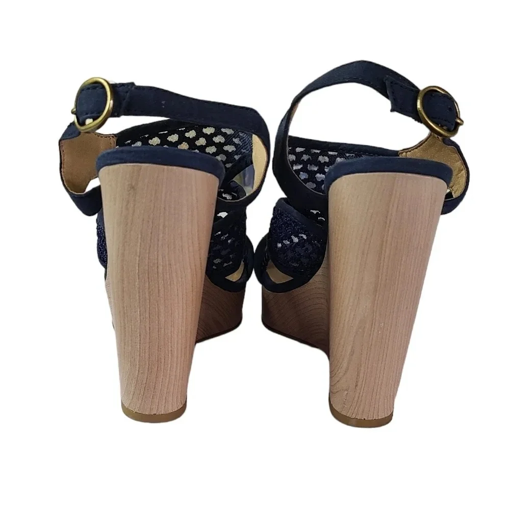 Lucky Brand Navy‎ Lace wood heel high wedge sandal shoe Women's size 7.5